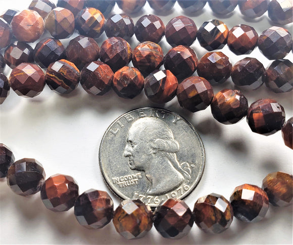 8mm Red Tiger's Eye Faceted Round Gemstone Beads 8-Inch Strand