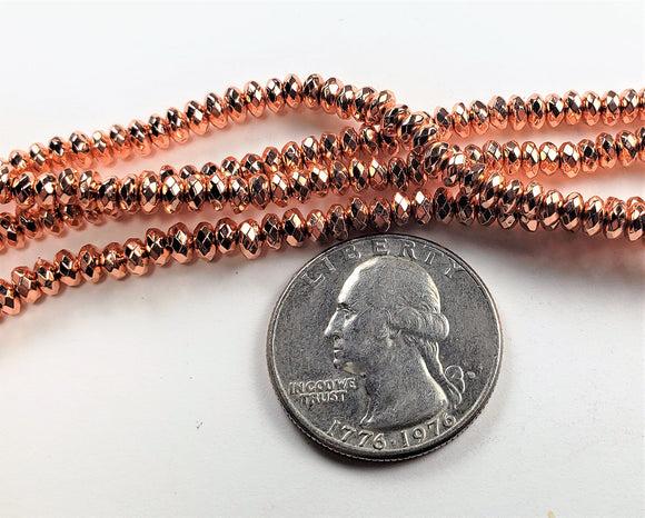 4x2mm Plated Hematite Rose Gold Faceted Rondelle Gemstone Beads 8-Inch Strand