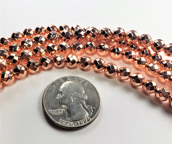 6mm Plated Hematite Rose Gold Faceted Round Gemstone Beads 8-Inch Strand