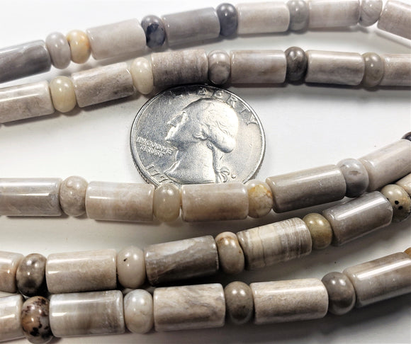 10x6mm Silver Jasper Tube with 6x3mm Smooth Rondelle Gemstone Beads 8-Inch Strand