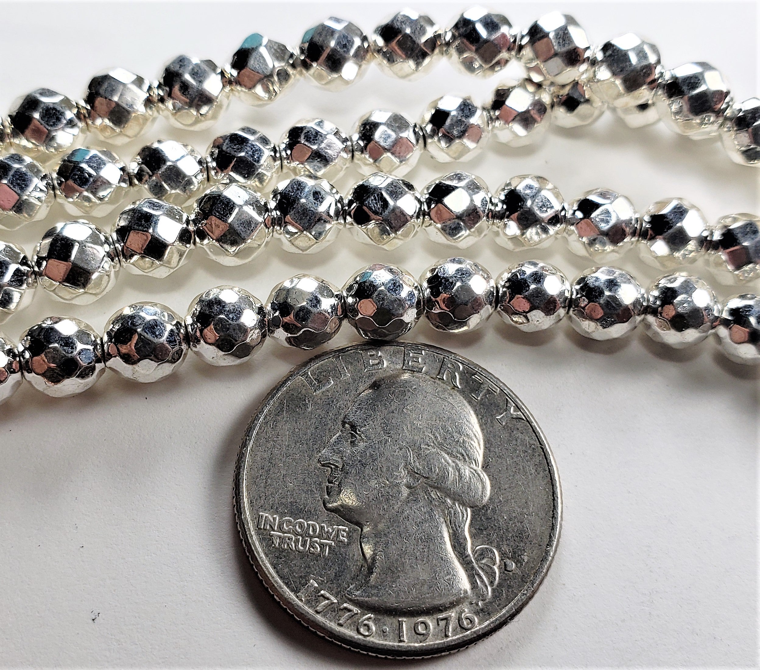 6mm Plated Hematite Real Silver Faceted Round Gemstone Beads 8-Inch Strand