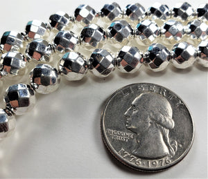 8mm Plated Hematite Real Silver Faceted Round Gemstone Beads 8-Inch Strand