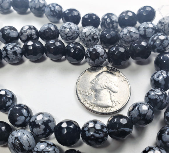 10mm Snowflake Obsidian Faceted Round Gemstone Beads 8-Inch Strand