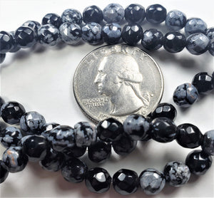6mm Snowflake Obsidian Faceted Round Gemstone Beads 8-Inch Strand