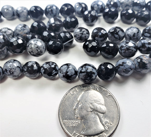 8mm Snowflake Obsidian Faceted Round Gemstone Beads 8-Inch Strand