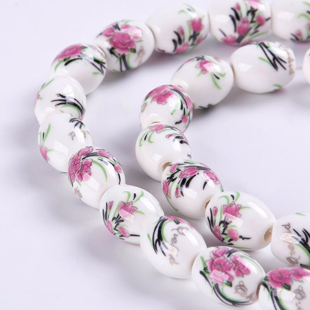 10x8mm Oval Handmade Pale Violet Red Printed Flower Porcelain Ceramic Beads, Lot of 6